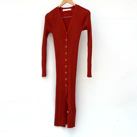 Dion Lee Gradient Ribbed Wool Snap Front Midi Dress Medium Rust Red Long Sleeve - Picture 3 of 10